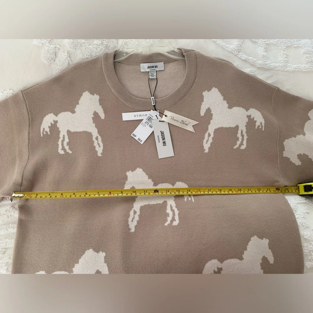 NWT Jason Wu Sweater: Beige w/White Horses, Crewneck, Long Sleeves, Viscose 2X - Picture 11 of 13